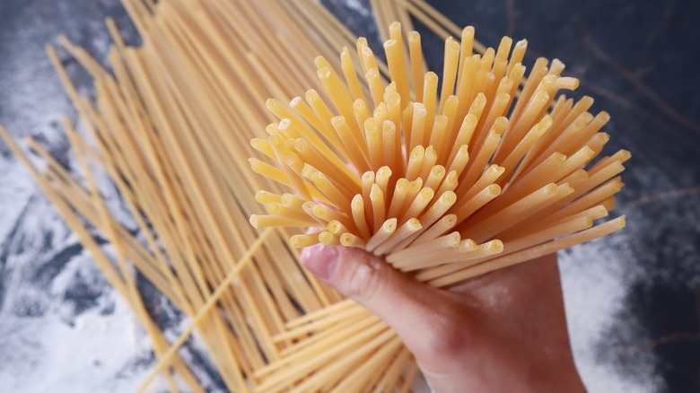 Person holding a bundle of raw bucatini pasta