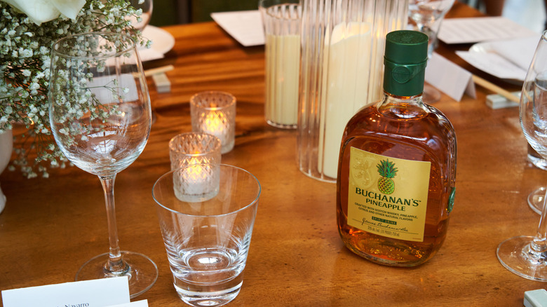 Buchanan's Pineapple bottle, glasses