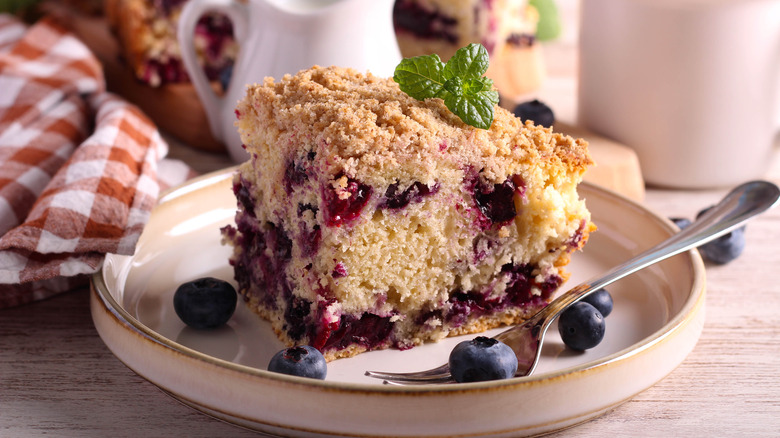 slice of blueberry buckle cake