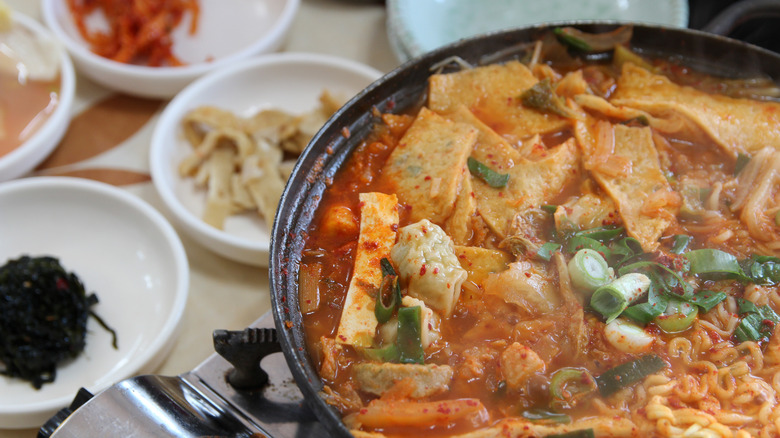 Budae jjigae served with sides