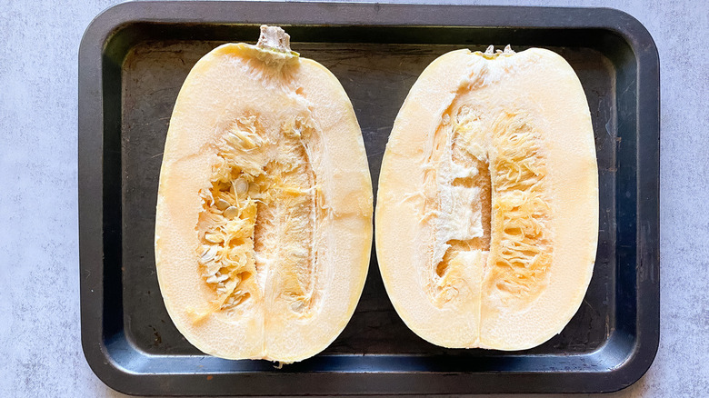 squash halves on tray