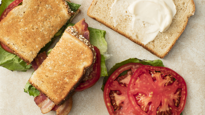 tomato slices, mayonnaise slathered bread 