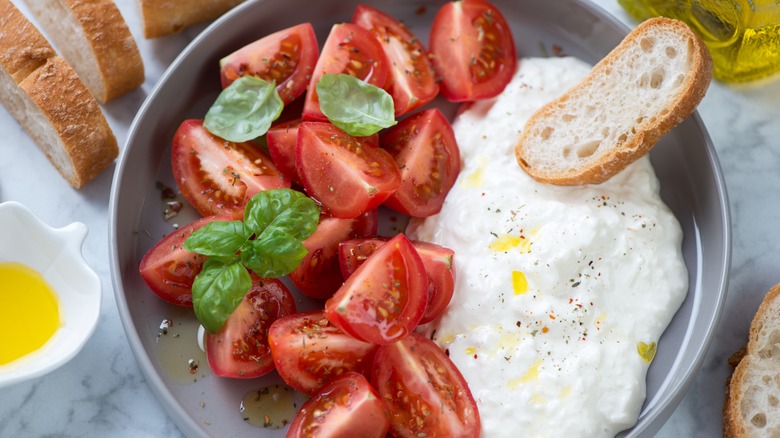 stracciatella in a bowl with tomatoes and bread