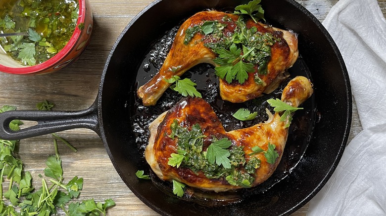 chicken and parsley in pan