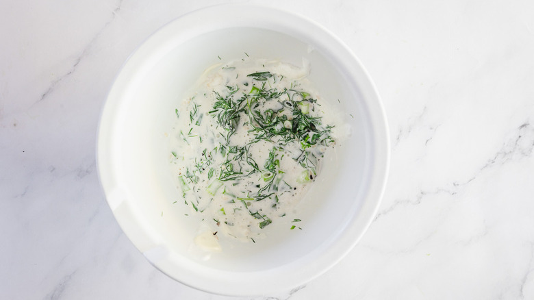 Herb sauce in white bowl