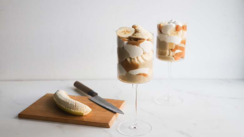 Assembled butterscotch banana pudding trifles