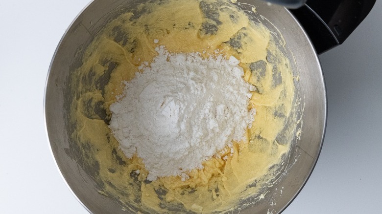 mixing bowl with cookie dough ingredients