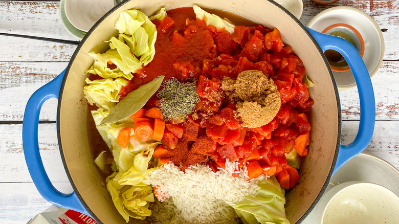 cabbage roll soup ingredients in pot