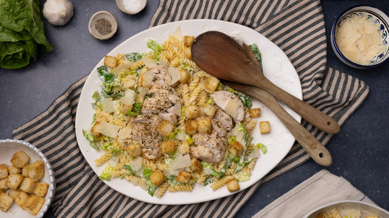 caesar chicken pasta salad on plate