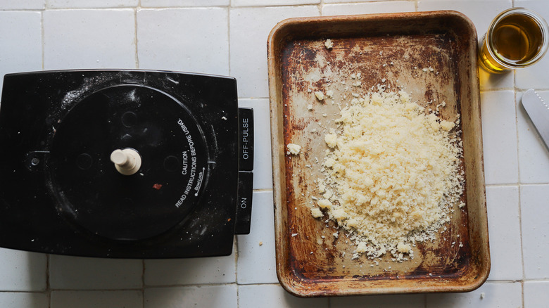 Bread crumbs on baking sheet