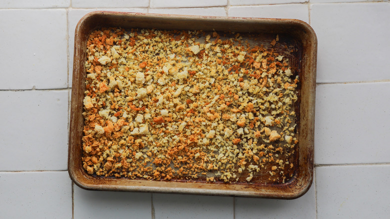 Tray of toasted sourdough breadcrumbs