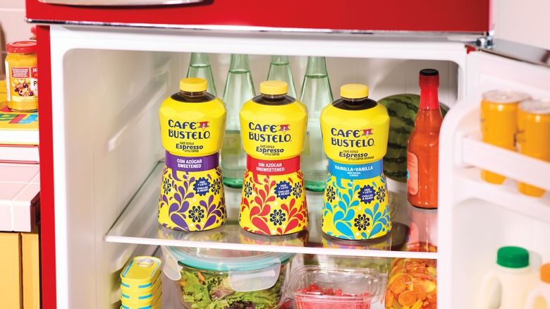 Café Bustelo iced coffee flavors in a fridge