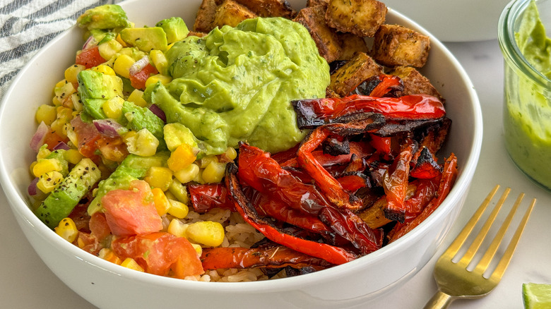 close-up of tofu bowl