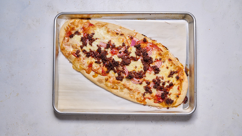 baked flatbread on sheet tray