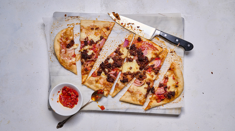 sliced flatbread on table