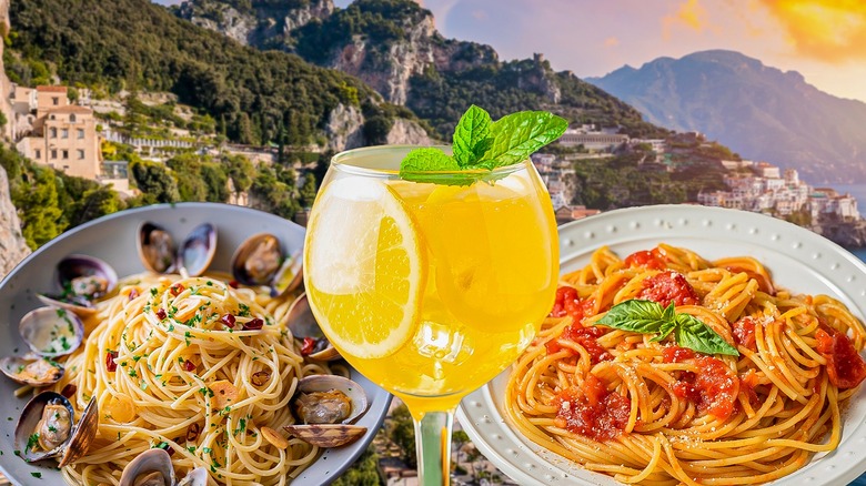 Clam and tomato pasta dishes with orange cocktail and hilly landscape