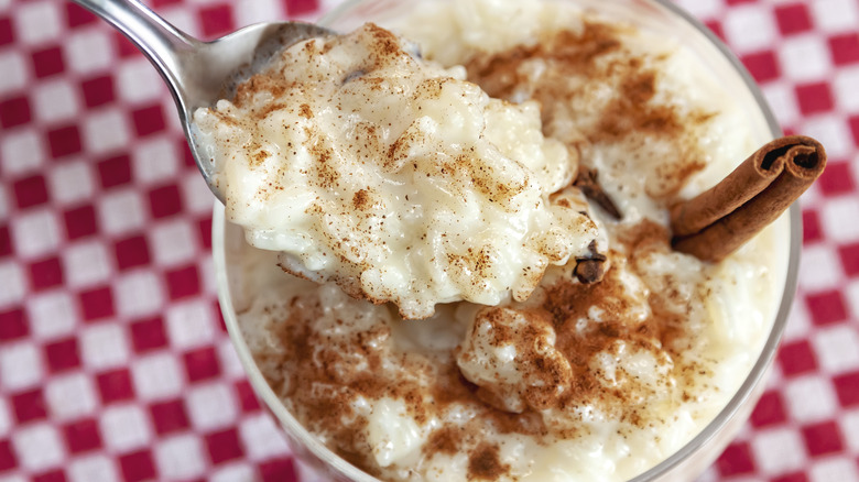 Spoon dipping into a bowl of rice pudding with cinnamon