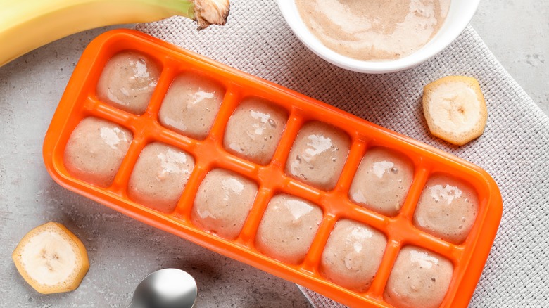 banana puree in ice cube tray