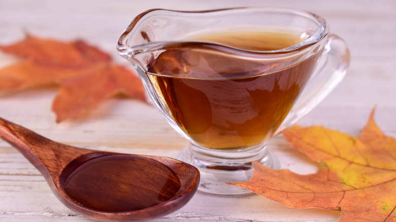 Maple syrup in gravy boat maple leaf