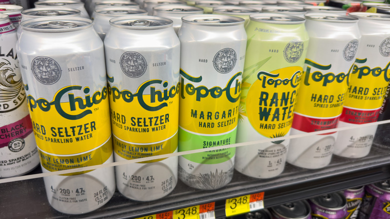 Grocery store display of Topo Chico hard seltzers