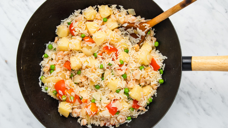 Overhead view of pineapple shrimp fried rice