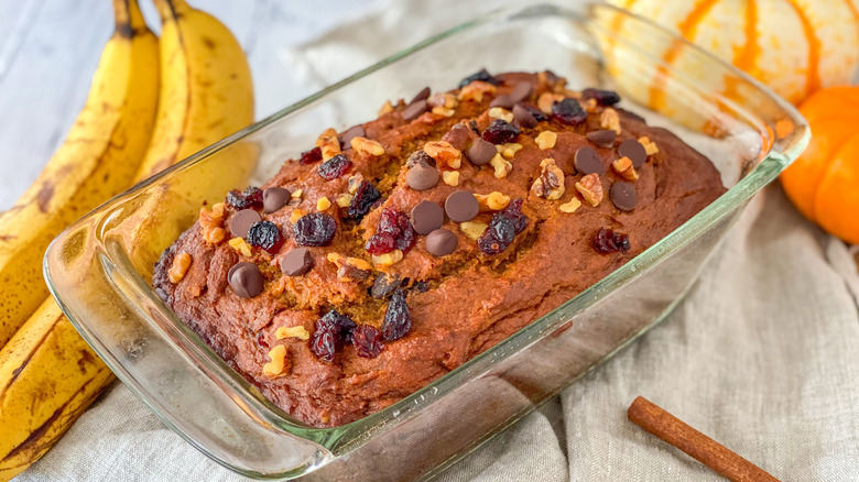 pumpkin banana bread in a baking dish