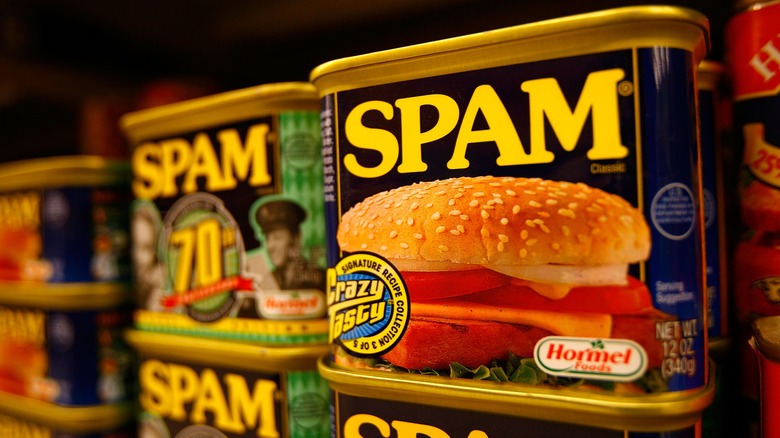 Grocery store display of canned Spam