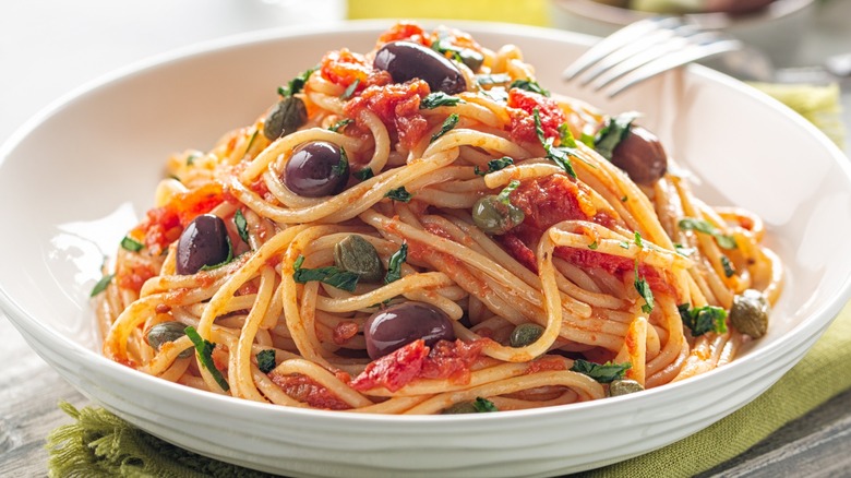 Close-up of capers in a pasta dish