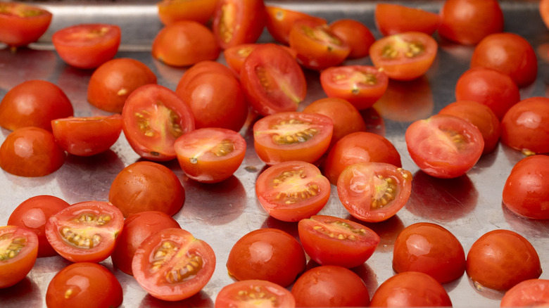 sliced tomatoes in baking tray