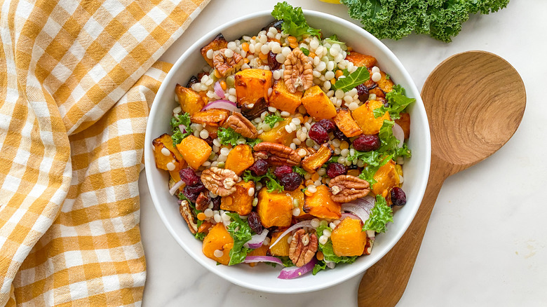 bowl of couscous, butternut, and kale dish