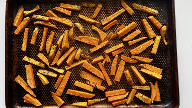 sweet potatoes on baking sheet