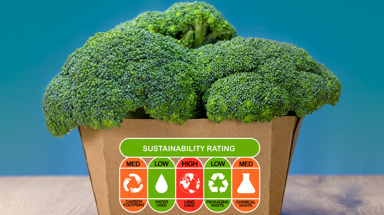 box of broccoli with sustainability labels