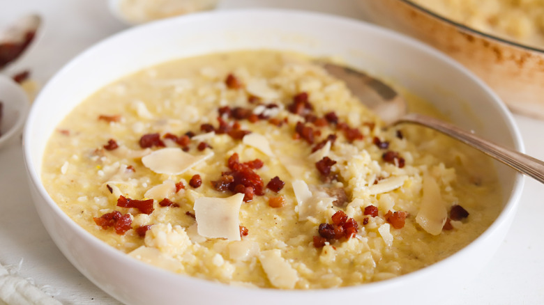 risotto carbonara with pancetta in bowl