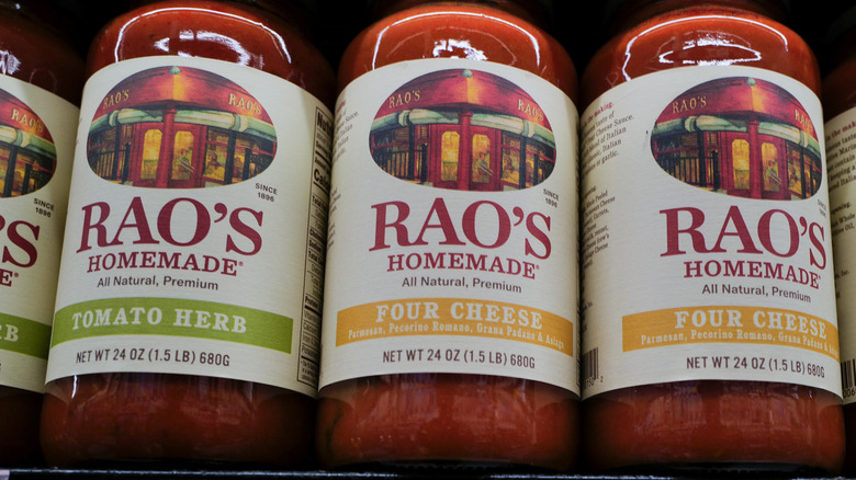 Grocery store display of Rao's pasta sauce