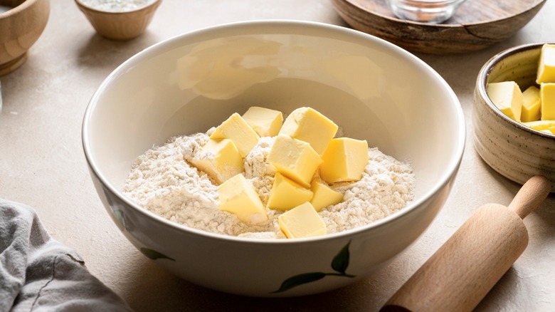 Butter cubes in flour