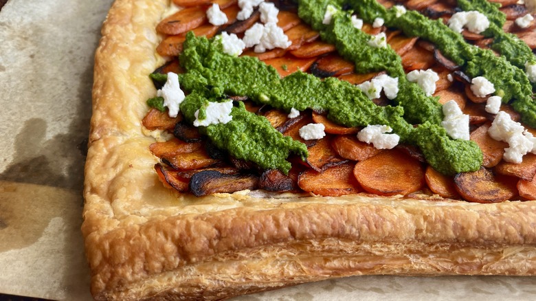 carrots and pesto on pastry