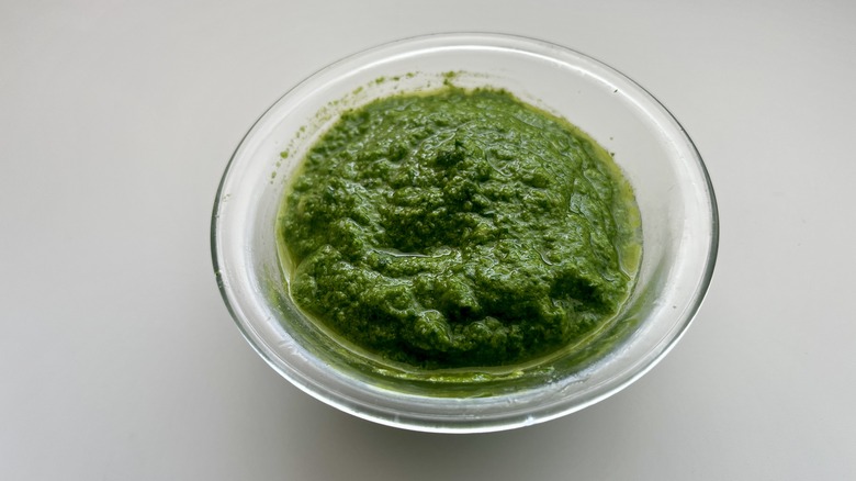 pesto in clear bowl