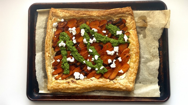 carrots and pesto on pastry