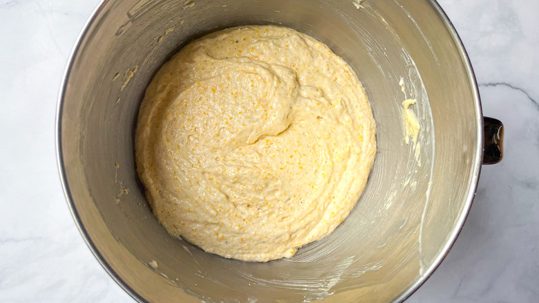 cornbread batter in metal bowl