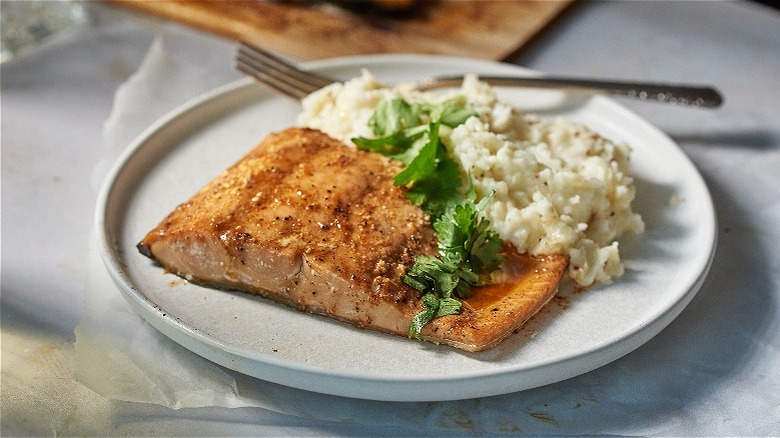 salmon plated with mashed potatoes