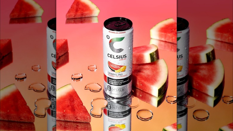 Celsius Sparkling Watermelon Lemonade can with fresh watermelon slices