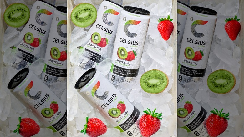 Celsius cans in Kiwi Strawberry flavor with fresh fruit over ice