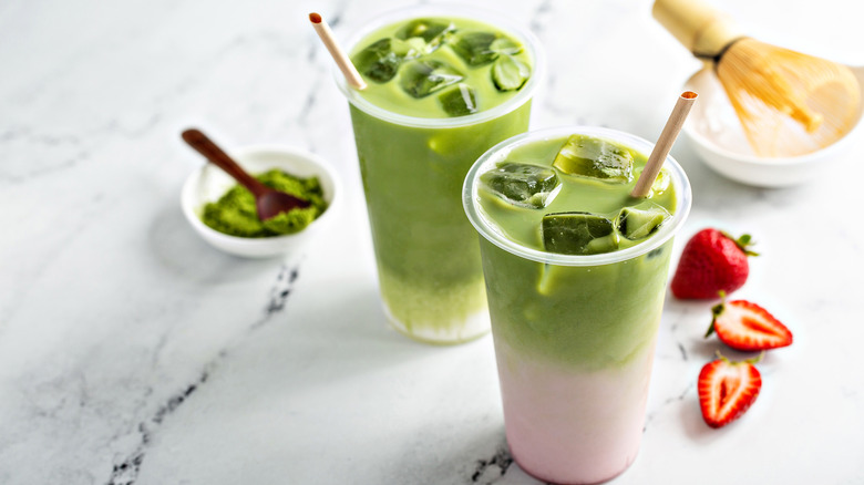 iced matcha lattes with strawberries