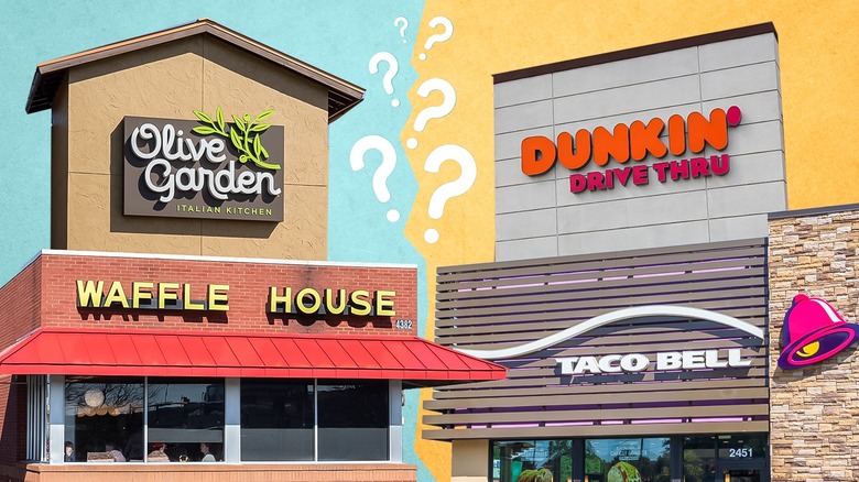 various chain and franchise restaurant store fronts: Taco Bell, Olive Garden, Dunkin', Waffle House