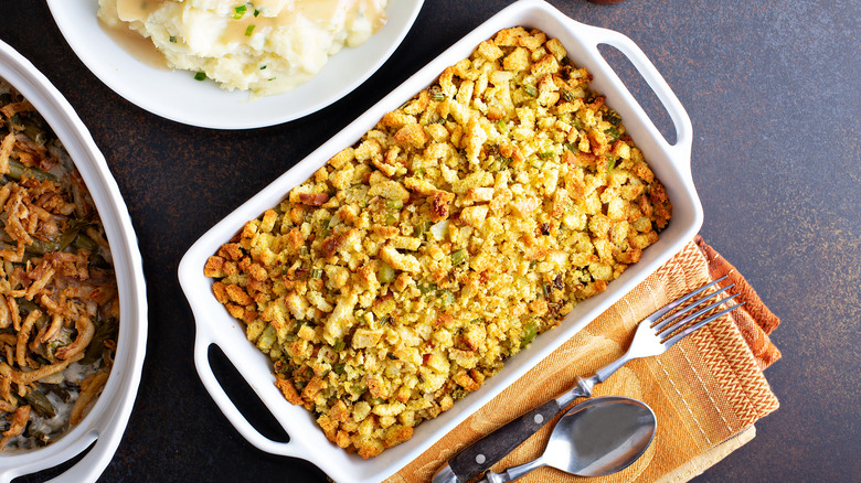 stuffing in a white baking dish