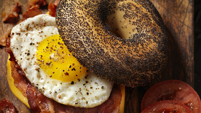 fried egg on poppyseed bagel