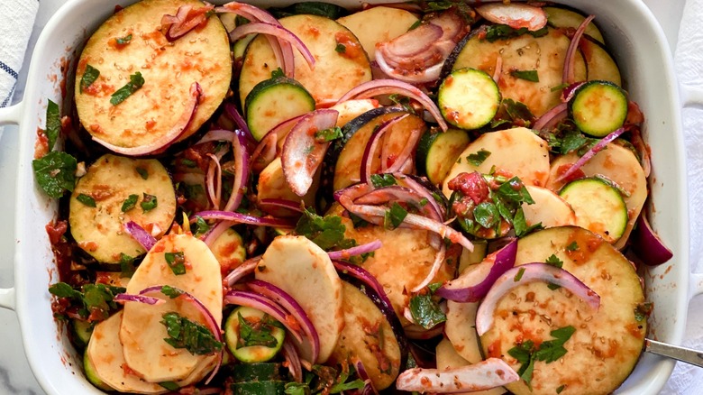 Overview of Greek briam in a casserole dish