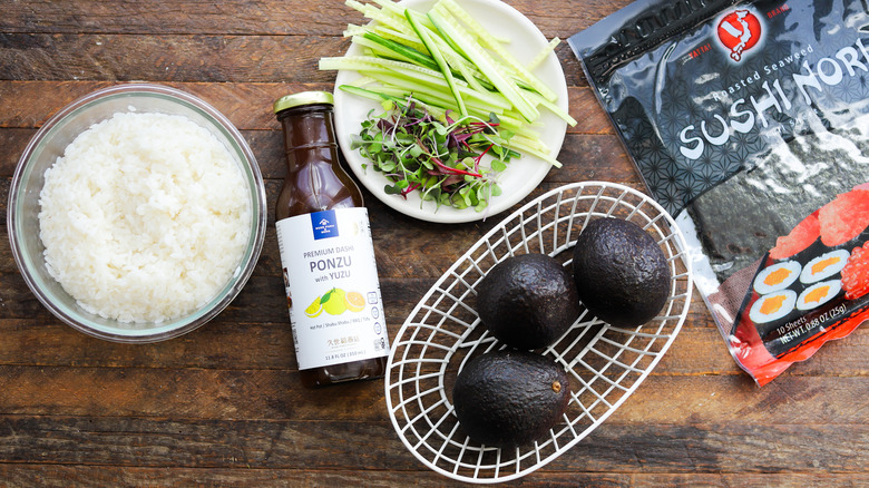 Ingredients for charred avocados handroll