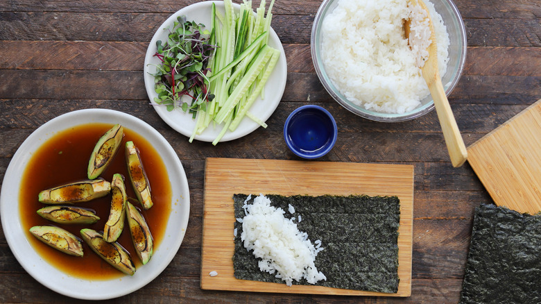 Rice on cut nori sheet