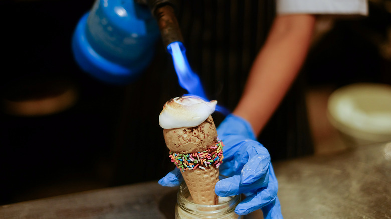 toasting marshmallow on ice cream